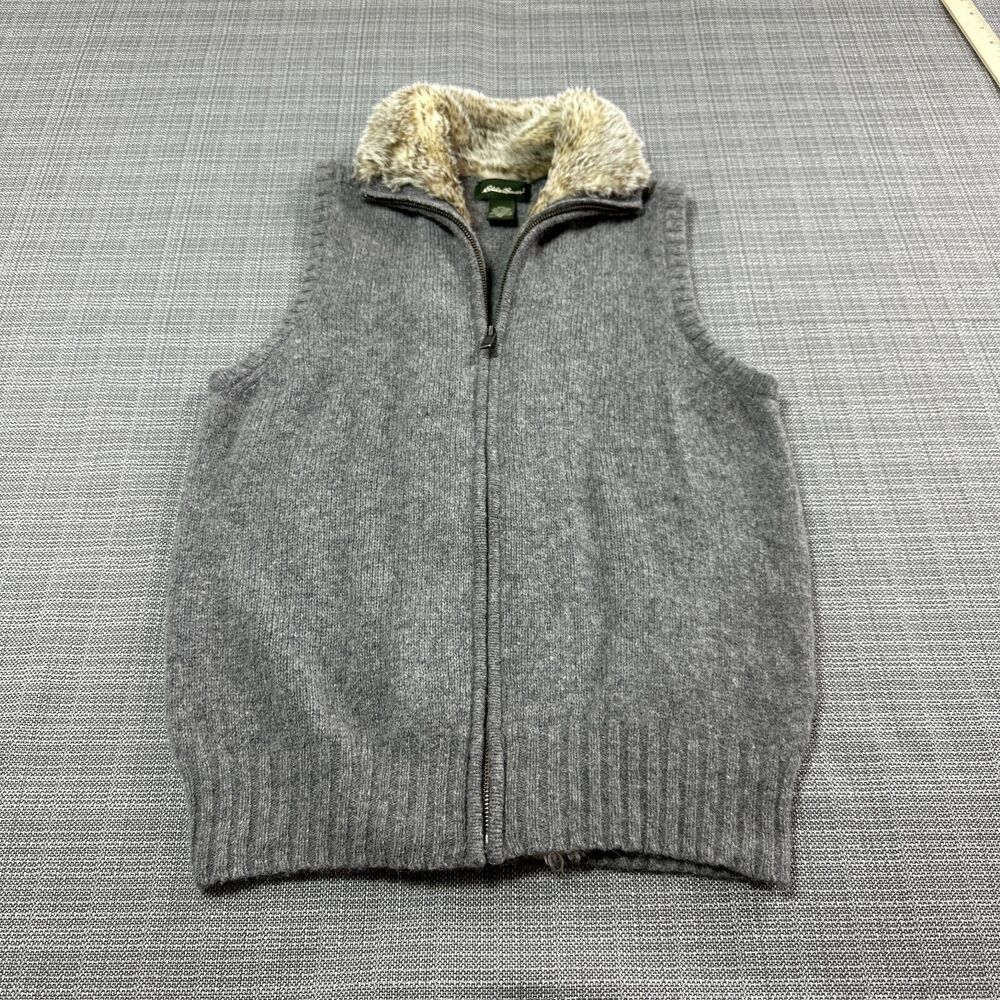Eddie Bauer Vest Womens Medium Faux Fur Collar Wool Alpaca Full Zip Grey Pockets